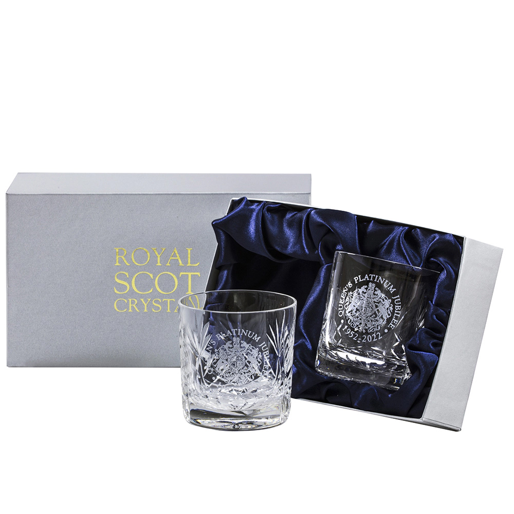 Royal Scot Crystal - Queen's Platinum Jubilee - 2 Kintyre Crystal Whisky Tumblers  Presentation Boxed